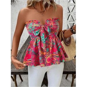 Floral Tube Crop Top Strapless Tie Front Boho Pullover Bandeau Size M